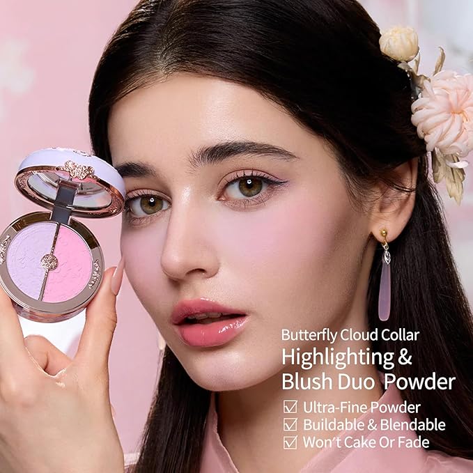 Flower Knows Butterfly Cloud Collar Rouge Box Highlighting & Blush Duo Powder,Purple Matte Finish Blush & Highlighter Palette,Buildable & Blendable Makeup for cheeks(04 Fluttering Romance)