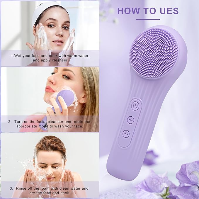 Silicone Face Scrubber Exfoliator, Silicone Face Wash Brush for Men & Women, Ipx7 Waterproof Rechargeable Facial Cleaner for Deep Cleansing, Exfoliating, Massage Face Scrubber (Purple)