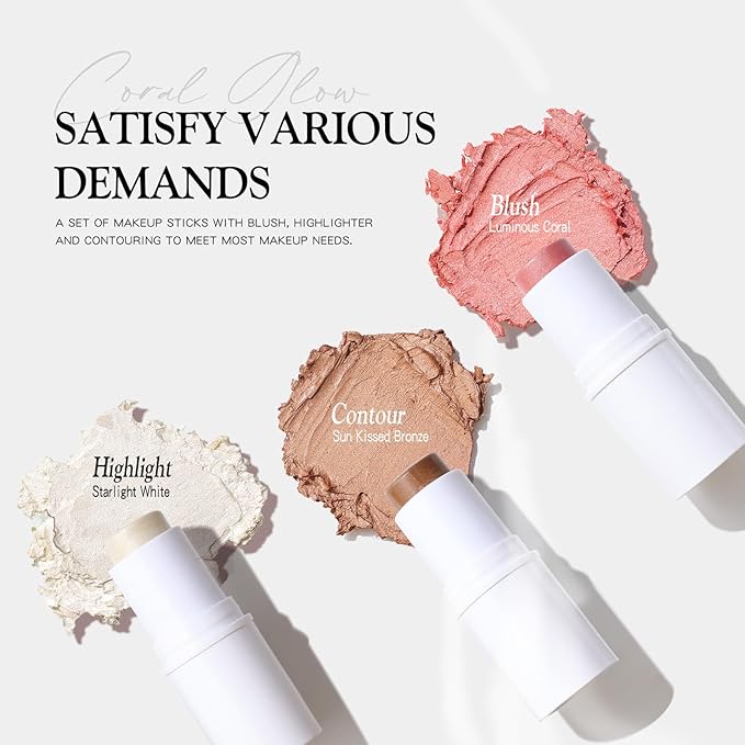 bayfree 3 PCS Makeup Cream Contour Stick Set, Highlighter Stick & Bronzer Stick & Blush Stick, Long Lasting, Natural Face Contour, Dewy & Matte Finish, Multi Stick Trio for All Skin