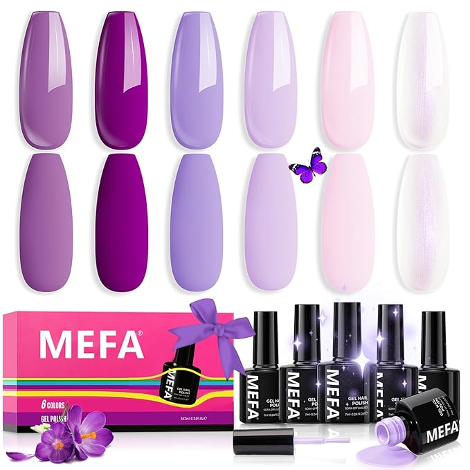 MEFA Purple Gel Nail Polish, 6 Colors Gel Polish Set Pink Shimmer Purple Nail Polish Soak Off Grape Lilac Violet Gel Nail Art Manicure DIY Salon Gifts for Women Girls