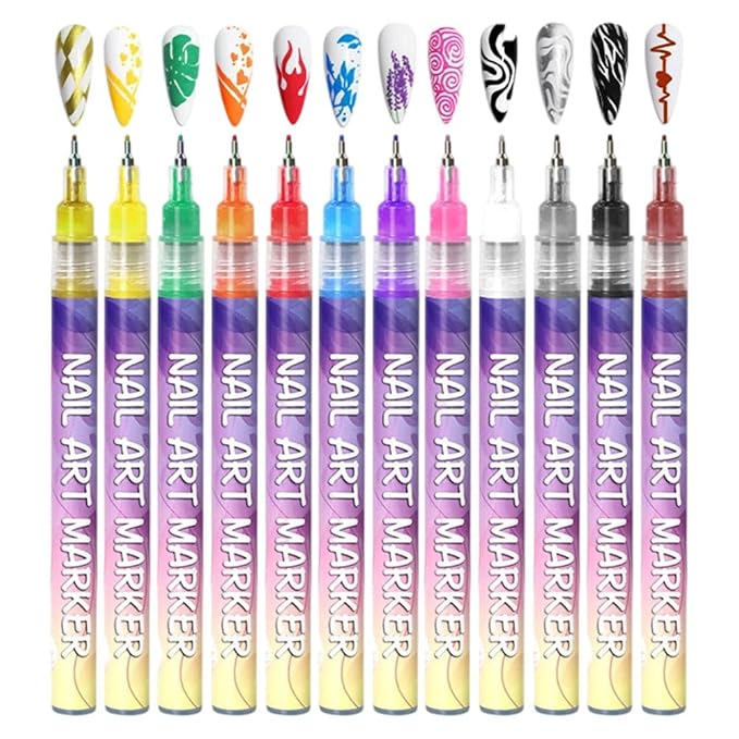 Drkicsy 12 Colors Nail Art Pens Set, DIY Nail Art Markers for Kids and Adults, 0.5mm Fine Tip Nail Polish Pens for Graffiti Dotting Drawing Painting Point Liner (1 Set)
