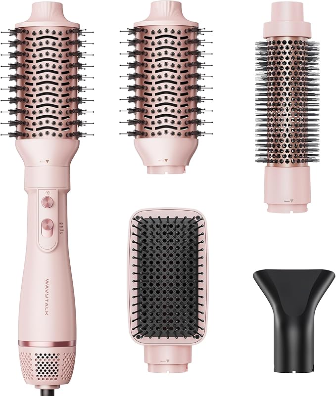Wavytalk Hair Dryer Brush Set, Air Sculpt 4-in-1 Hot Air Brush Set, Multi Hair Styler for Salon Blowouts, Smooth Curls, Volumizing and Straightening, Sleek and Less Frizz, Pink