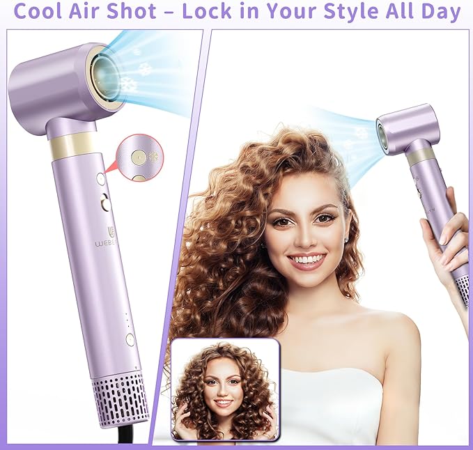 Hair Dryer Brush 8-in-1 Dual Voltage Hot Air Styler – Fast-Drying 110,000 RPM Ionic Blow Dryer with Straightener & Curler Attachments, Frizz-Free Volumizing Styler with Protective Hard Case-Purple