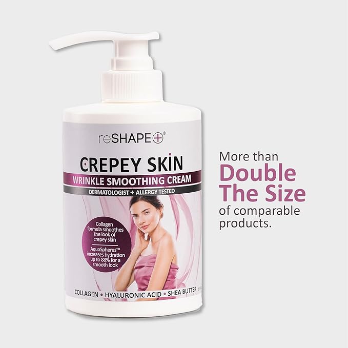 Reshape+ Crepey Skin Treatment Cream Wrinkle Smoothing Lotion Anti Aging Skin Care Moisturizer For Face, Arms, Neck, & Body W/Collagen & Hyaluronic Acid To Plump Sagging Skin, 15 Fl Oz (Pack of 2)