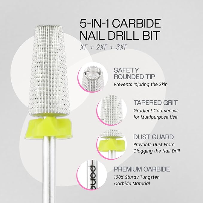PANA Nail Carbide 5 in 1 Bit - Two Way Rotate use for Both Left and Right Handed - Fast remove Acrylic or Hard Gel - 3/32" Shank - Manicure, Nail Art, Drill Machine (Extra Fine - XF, Silver)