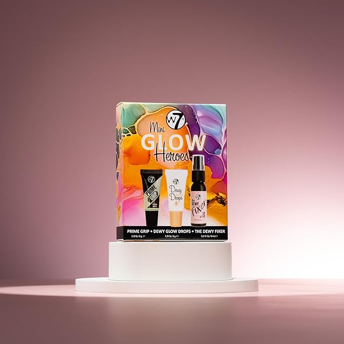 W7 Mini Glow Heroes Gift Set - Travel Size Makeup Minis with Primer, Glow Drops & Setting Spray - Stocking Stuffer