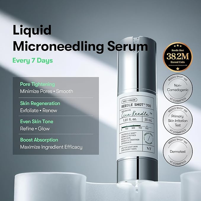 VT COSMETICS CICA Reedle Shot 700, Spicule Microneedling Serum for Pore Care&Exfoliation, Exosome&Centella Asiatica for Glass Skin, Acne&Blemish Care, Korean Liquid Skin Booster (1 Fl Oz / 30ml)