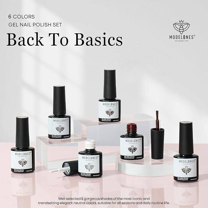 modelones Gel Nail Polish Set 6 Colors Fall Winter White Nude Brown Gel Polish Maroon Burgundy Red Champagne Gold Silver Tan Nail Art Design Kit Basic Soak Off Manicure Salon DIY Gift for Women Girls