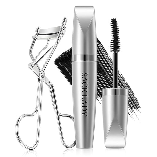 SACE LADY Waterproof Mascara with Lash Curler Volume and Length, Black No Clump Lift Lash Mascara, Lasting Smudge-proof Natural Looking Curl Eye Makeup Set, Cruelty Free, 0.28Oz