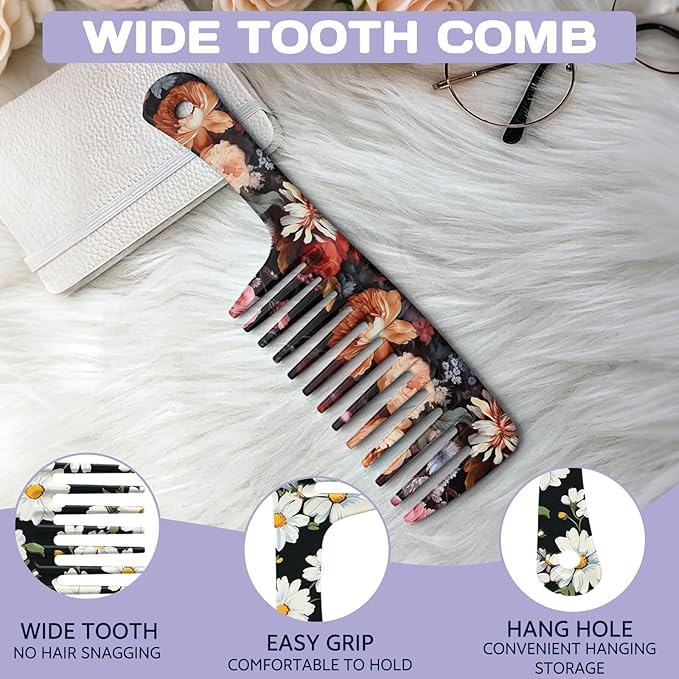 2PCS Wide Tooth Comb,Effortless Tangle Removal for Long Hair Styling Comb for Curly,Wet,Cute Aesthetic Design for Women Men and Girls(Black-Flowers-13)