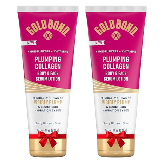 Gold Bond Plumping Collagen Body and Face Serum Lotion, Lightweight Hydrating Moisturizer with Collagen Peptide Complex, Jojoba and Grapeseed Oils to Visibly Plump Skin, Cherry Blossom, 8 oz, 2 Pack
