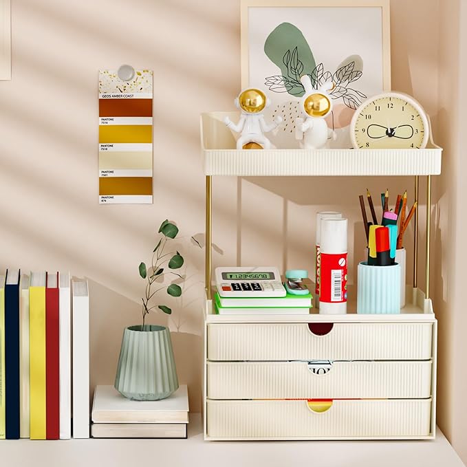 3 Drawers Bathroom Counter Organizer - 5 Tier Makeup Organizer, Versatile Perfume Organizer, Ideal for Bathroom Storage, Vanity, Large Skincare, Perfume, Present, Cream White