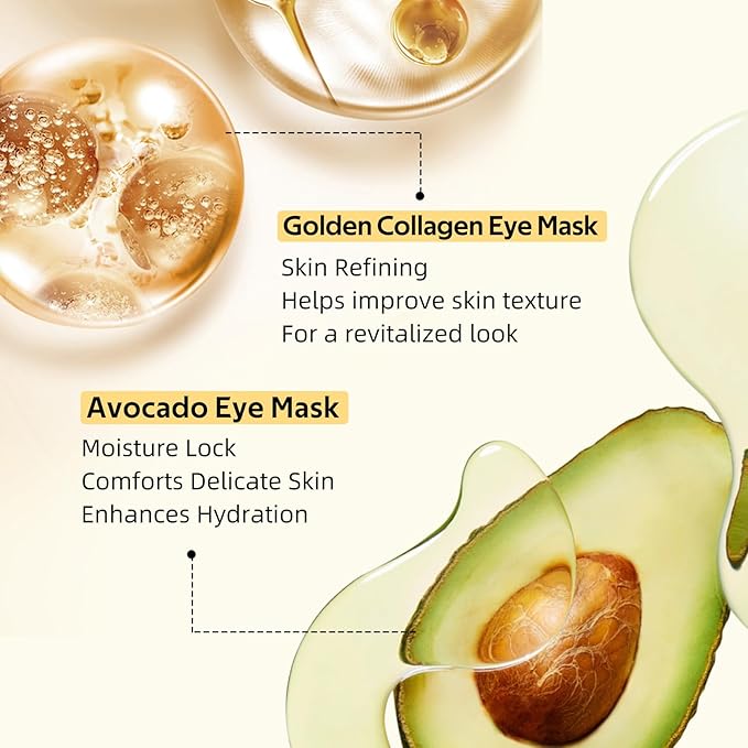 dewyhour Avocado & Gold Hydrogel Eye Mask Set - Collagen Under Eye Patches to Reduce Puffiness, Dark Circles & Wrinkles | Korean Skincare Treatment for Firming, Hydration