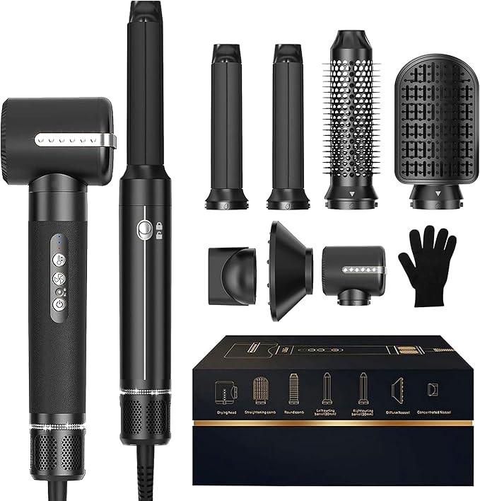 7 in ONE Hair Dryer Brush, Powerful Blow Dryer Brush with Air Curler for Hair, Brush Blow Dryer with Diffuser, Ionic Hot Air Brush Fast Dry, Volumize, Curls, Straight, Hair Styling Tools 100-120V