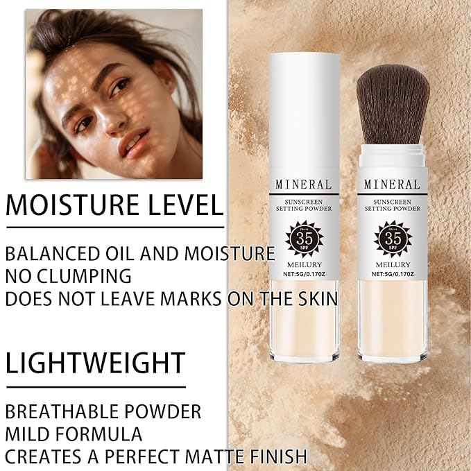 Sunscreen Setting Powder SPF 35, Mineral Brush Powder for Face & Scalp, Oil Control Natural Matte Finish Loose Powder Translucent Lasting Lightweight Breathable for All Skin (#02 Fair)