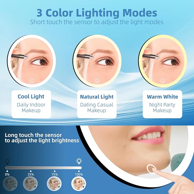 10x Lighted Magnifying Mirror with Suction Cups, Large 6'' Magnified Mirror with Light High Magnification Travel Makeup Mirror, Rechargeable Battery, 3 Colors Dimming Light, with Tweezers &Scissors