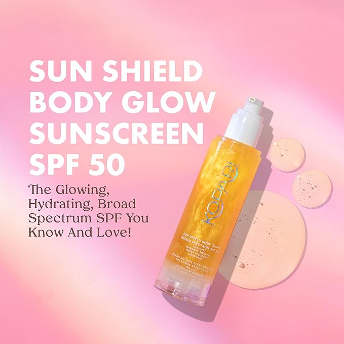 Kopari Sun Shield Body Glow, Broad Spectrum SPF 50, Lightweight Shimmering Gel Texture Absorbs Quickly, Non Sticky, Glowing Results, Gold 2 Pack