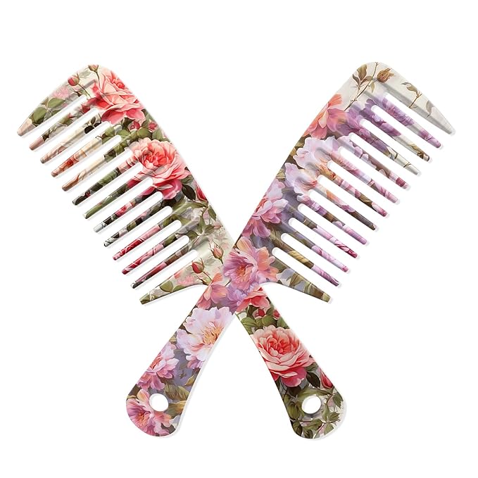 2PCS Wide Tooth Comb,Effortless Tangle Removal for Long Hair Styling Comb for Curly,Wet,Cute Aesthetic Design for Women Men and Girls(Purple-Flower-09)