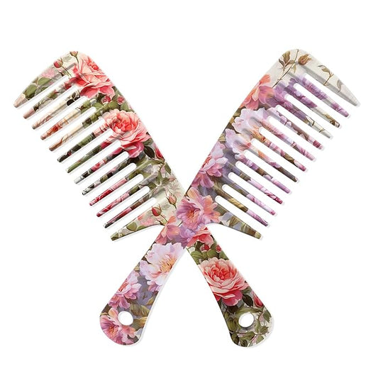 2PCS Wide Tooth Comb,Effortless Tangle Removal for Long Hair Styling Comb for Curly,Wet,Cute Aesthetic Design for Women Men and Girls(Purple-Flower-09)