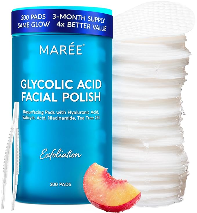 MAREE Glycolic Acid Pads – 200 Toner Pads for Face Cleansing – Facial Exfoliating Pad with Tea Tree Oil, Salicylic Acid & Vitamins E, B3, B5 – Acne Clearing Face Pad, Skin Pore Resurfacing & Radiance