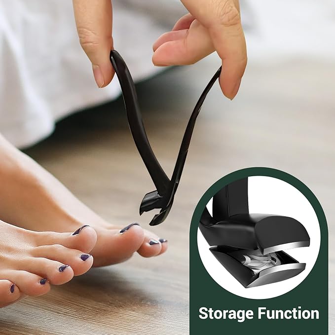 Angled Head Nail Clippers for Seniors, Ergonomic Toenail Clippers for Thick Nails with Wide Jaw Opening, Premium Steel Nail Cutter Nail Clippers with Catcher for Men and Women Black