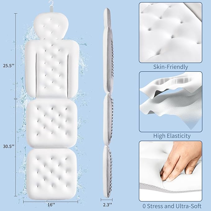 Luxury Bath Cushion, Full Body Bathtub Pillow with 160 Suction Cups, Bath Mat for Head and Neck Support, with Laundry Bag (White, 56.2" x 16.2")