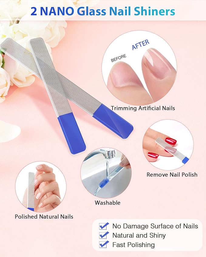 Glass Nail File and Nail Shiner, 4PC Crystal Nail File and Nano Glass Nail Buffer, Premium Set with Case, Professional Manicure Tool Fingernail Czech File for Natural Nail, Gift for Women and Girls