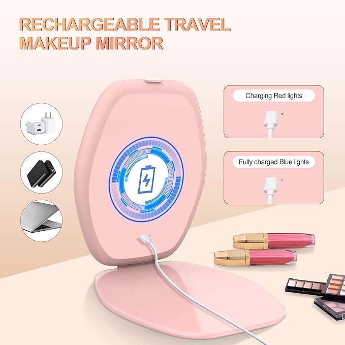 Travel Makeup Mirror with Light: 3 Color Lighting Portable Mirror with Touch Screen Rechargeable Adjustable LED Lights Hexagon Vanity Mirror for Travel, Desk, Home (Pink)