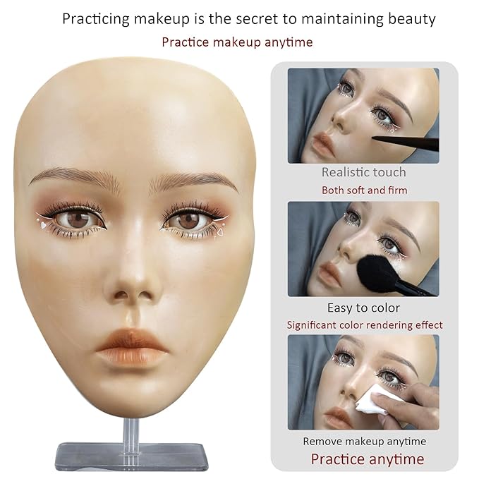 5D makeup Practice Face Board, Silicone Makeup Mannequin Face, Reusable Beginner Practice Eye Makeup Face, Eye Fake Silicone, Makeup Artist Full Face Practice Eyelash Eye Shadow Eyeliner Pen Simulatio