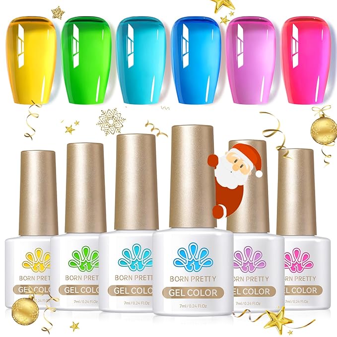 Born Pretty Jelly Gel Nail Polish Christmas Neon Gel Polish,Hot Pink Purple Blue Green Yellow 6Colors Translucent Effect,Soak Off U v LED Light Cure Nail Art Kit for Salon Manicure and DIY at Home