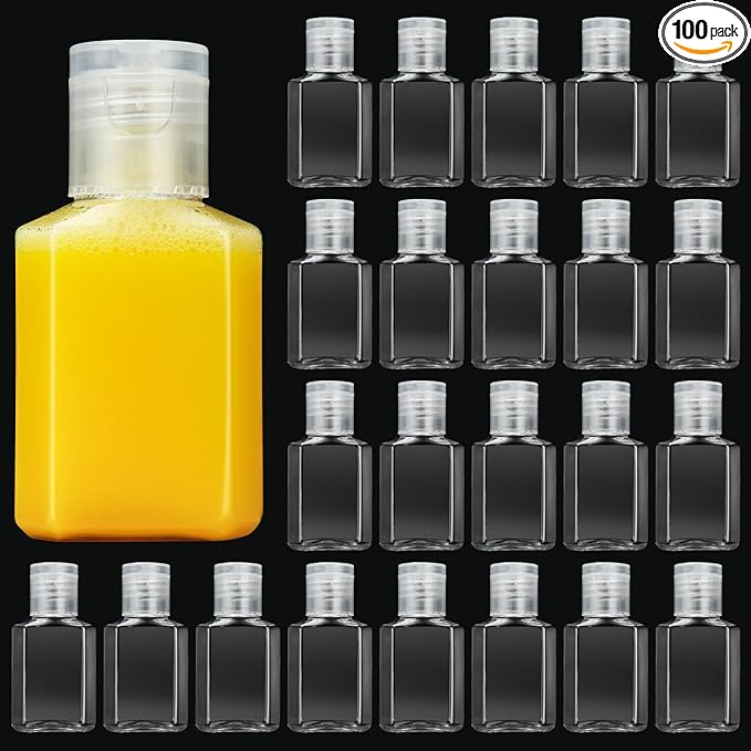 APACALI 100PCS Plastic Travel Bottles 1oz Mini Shampoo Bottles Small Empty Bottles Refillable Cosmetic Containers with Flip Cap Clear Portable Small Bottles for Liquid, Lotions, Toner, Body Soap