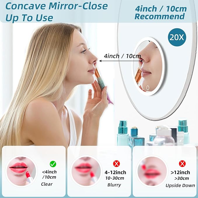 Magnifying Mirror with Light 20x, Large 6'' Lighted Suction Magnified Mirror, 3 Color Modes Dimming High Magnification Travel Makeup Mirror, Rechargeable Battery, with Tweezers & Scissors