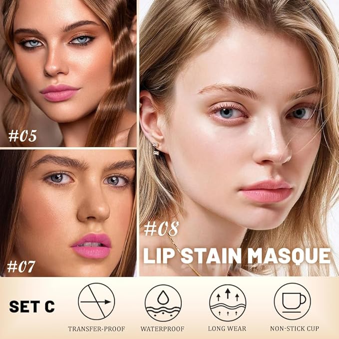 Kaely 3Pcs Lip Stain Peel Off Masque, Long Lasting Waterproof Smudge Proof Lip Tint, Non-Transfer Semi Permanent Lipliner Tattoo with Tweezer, Matte Finish, Vegan & Cruelty-Free, Set C-05+07+08