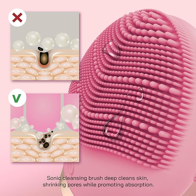 Bella Ciao Travel Silicone Facial Cleansing Brush, Face Exfoliator and Massager, Cordless Pore Scrubber with Soft Bristles, Double-Sided Design, IPX5 Water Resistance, Battery Not Included, Pink