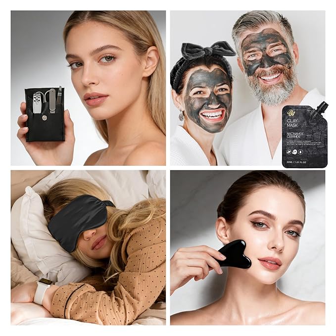 25 Pcs Bath & Body Gift Set for Women, Charcoal Skin Care Kit, Spa Gift Basket, Self Care, Cosmetic Bag, Serum, Necklace, Perfume, Eye Mask, Present, Christmas, Valentine's, Birthday, Mother's Day