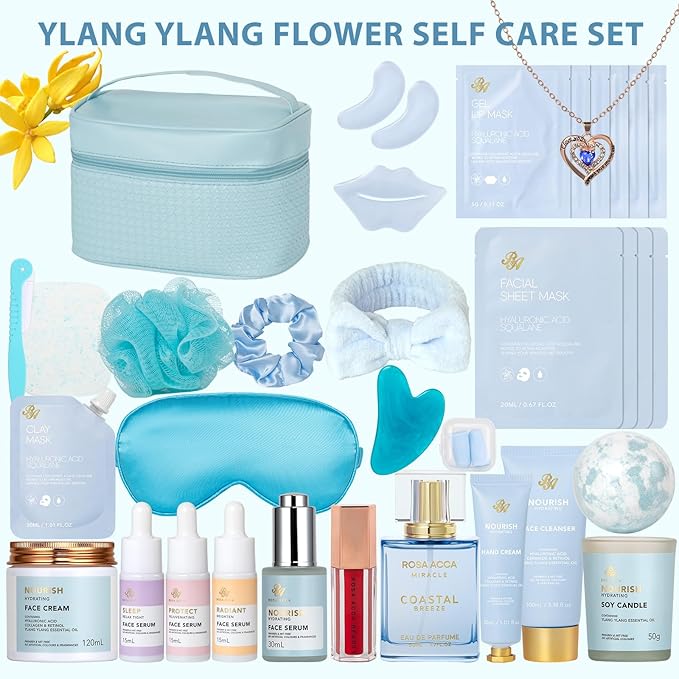 Valentines Day Gifts for Women, 33 Pcs Bath & Body Spa Gift Set, Hydrating Skin Care Set, Ylang Essential Oil Sheet Mask, Leather Bag, Face Serum, Mother Day, Birthday, Christmas