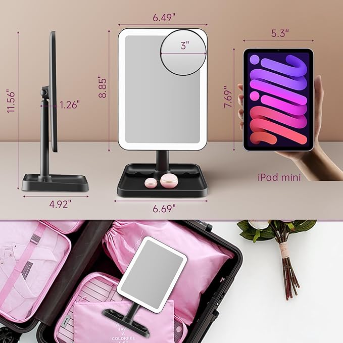 FUNTOUCH Rechargeable Lighted Mirrors for Makeup, 2000mAh, 10X Magnification/3 Color Lighting Portable Tabletop Cosmetic Make Up Mirror, 360° Rotation Led Light up Mirrors with Storage