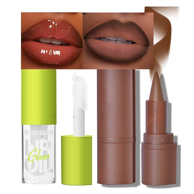 Beauty Glazed 2Pcs Lip Oil and Lip Liner Set, Gradient Brown Lip Liner and Lipstick Lip Combo Set, Smooth Glossy Finish Lip Glow Oil for Black Women (2, Coffee Bean Set)