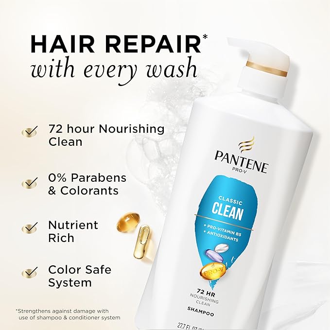 Pantene Shampoo, Classic Clean - Pro-V Nutrients for Dry, Color-Treated Hair, Healthy Looking Hair Every Wash, Antioxidant-Rich, 27.7 Oz Each, 2-Pack + Miracle Rescue Shot (0.5 Oz)