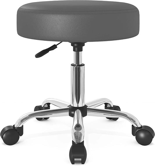 SHA CERLIN Rolling Stool with Wheels Swivel Shop Salon Chair Adjustable Drafting Massage Medical Tattoo Spa with PU Leather Cushioned, Grey