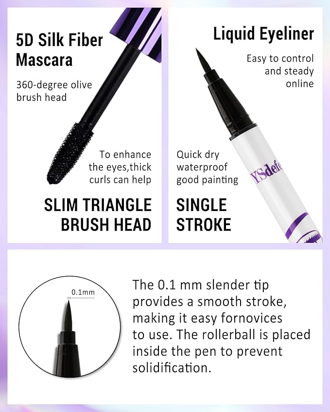 Black Mascara Liquid Eyeliner Set, Update Longlasting Waterproof Color Eye Liner Pen, 5D Silk Fiber Colored Mascara Volume and Length, Christmas Party Stage Use Eye Makeup Gift Kit for Women Girl-01