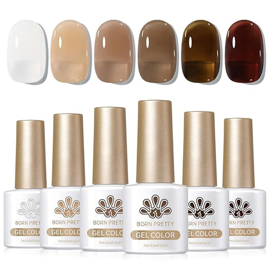 Born Pretty Jelly Gel Nail Polish Fall Winter Brown Chocolate Nude Skin Tone Milky White Gel Polish Neutral Beige Khaki Gel Polish Kit Nail Art Kit for Salon Manicure and DIY at Home 6PCS 7ML