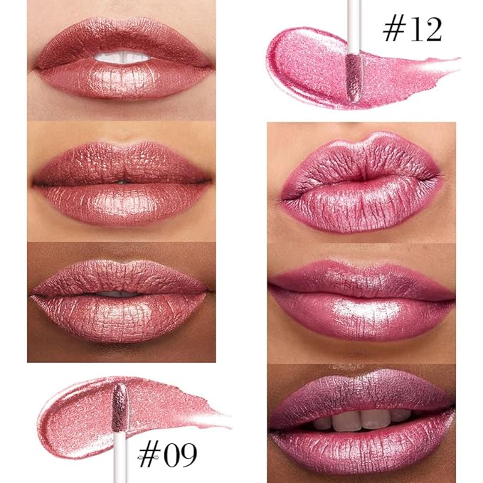 evpct 2Pcs Pink Red Hot Pink Metallic Glitter Lip Liner and Lipstick Combo, Shimmery Lip Gloss Stain Set Makeup for Women Long Lasting Waterproof 24, Metallic Shimmer Iridescent Glossy Liquid Lipstick