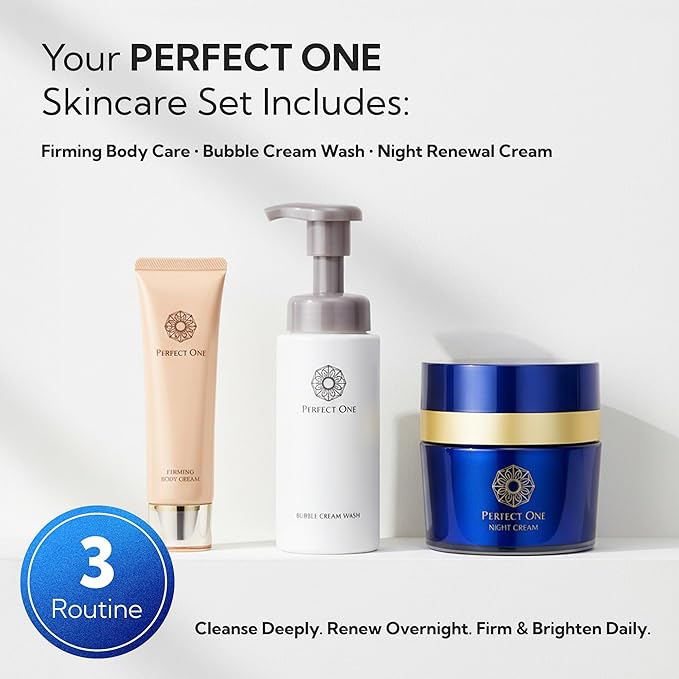 PERFECT ONE Luxury Japanese Skincare Trio Set: Night Cream, Bubble Face Wash, Body Cream | Face Moisturizing Night Cream + Facial Cleanser for Hydration, Firmness & Radiance | Bubble Cleanser Set