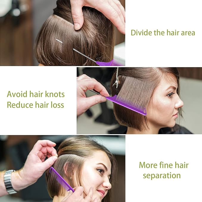 Rat Tail Steel Pin Teasing Combs Set: 3 Pack Hair Styling Combs for Parting and Teasing All Hair Types (Purple)