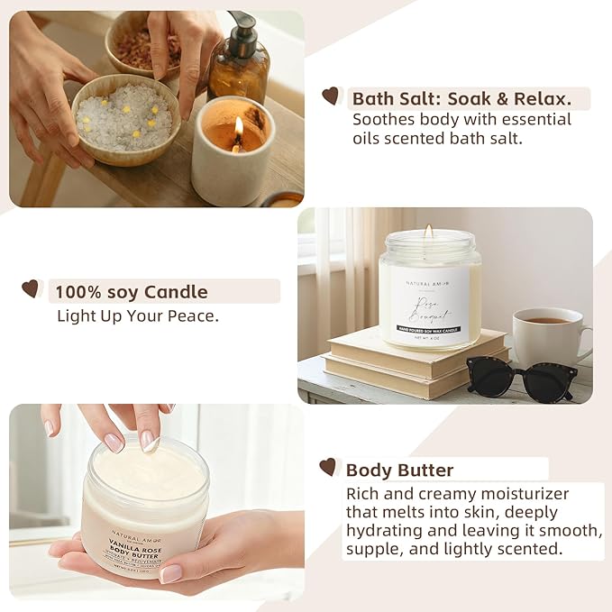 Natural Amor Rose Spa Gift Set – 6 pcs Handmade Self-Care Kit with Body Butter, Bath Salt, Clay Mask, Candle, Jade Roller & Bear Headband – Relaxation Gift for Women