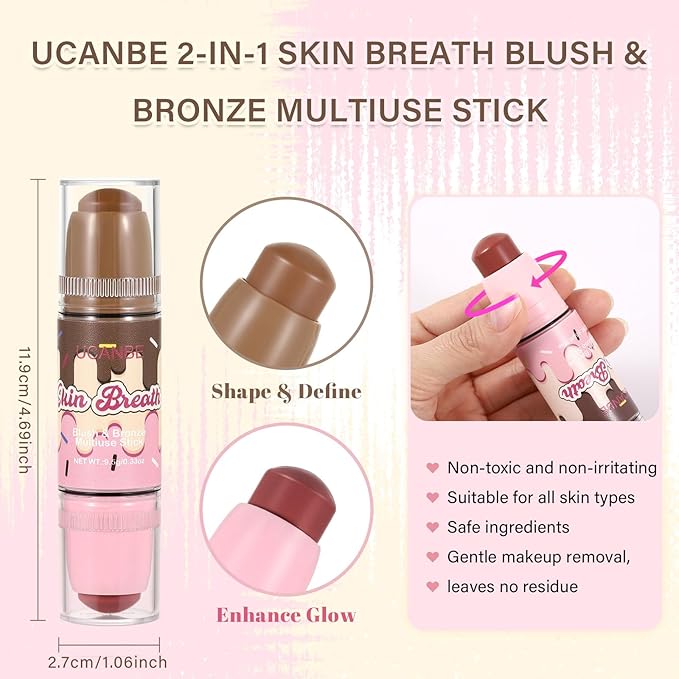 UCANBE Skin Breath Blush & Bronzer Multiuse Stick, 2-in-1 Creamy Face Cheeks Contour Makeup Stick for Natural Radiant Finish Look, Vegan & Cruelty-Free, Travel-Friendly (05 Charming Berry)