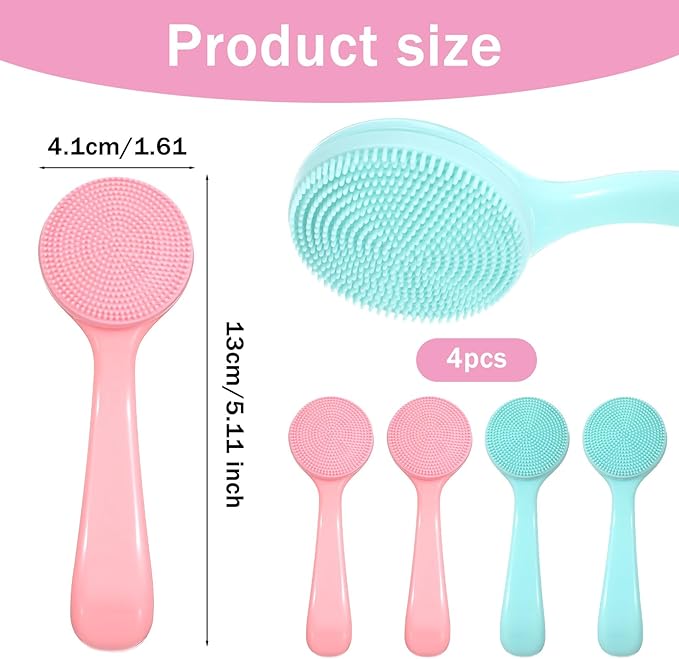 4 Pack Silicone Manual Facial Cleansing Brush, Skin Friendly Waterproof Face Cleaning Scrubber Exfoliator Brush for Blackheads Whiteheads Makeup Residues Removal (Blue, Pink)