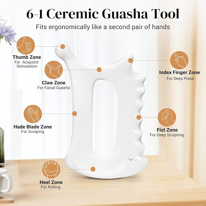 Upgraded 6-in-1 Ceramic Gua Sha Tool for Face & Body, Manual Guasha Facial Massage for Lymphatic Drainage Trigger, 괄사 Face Lift, Muscle Relief Scraping Tool, Skin Care Gift for Mum Wife
