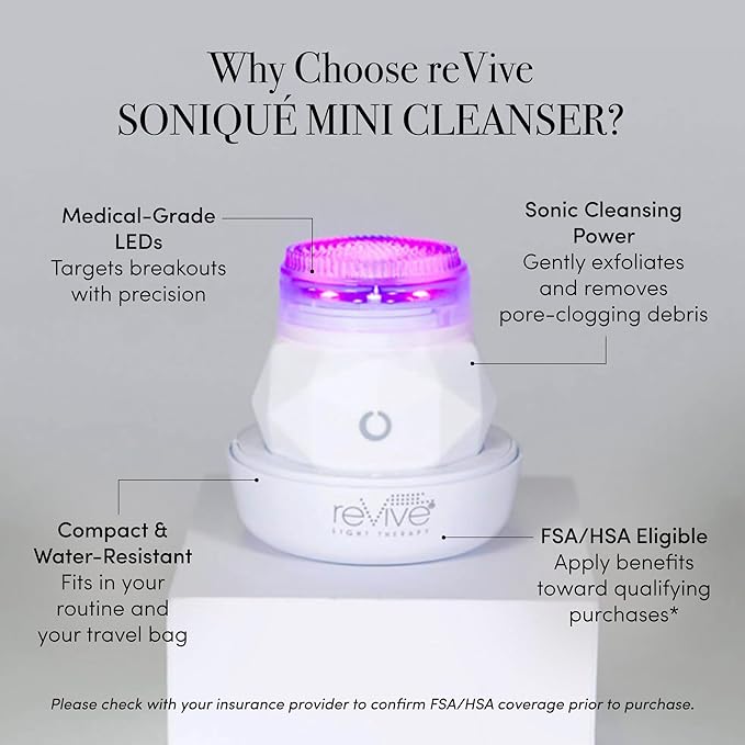Revive Light Therapy Soniqué Mini Acne Cleanser, Battery-Operated Sonic Face Cleanser Brush with Blue & Red Light Therapy, Medical-Grade Acne Device for Face & Body, Water-Resistant
